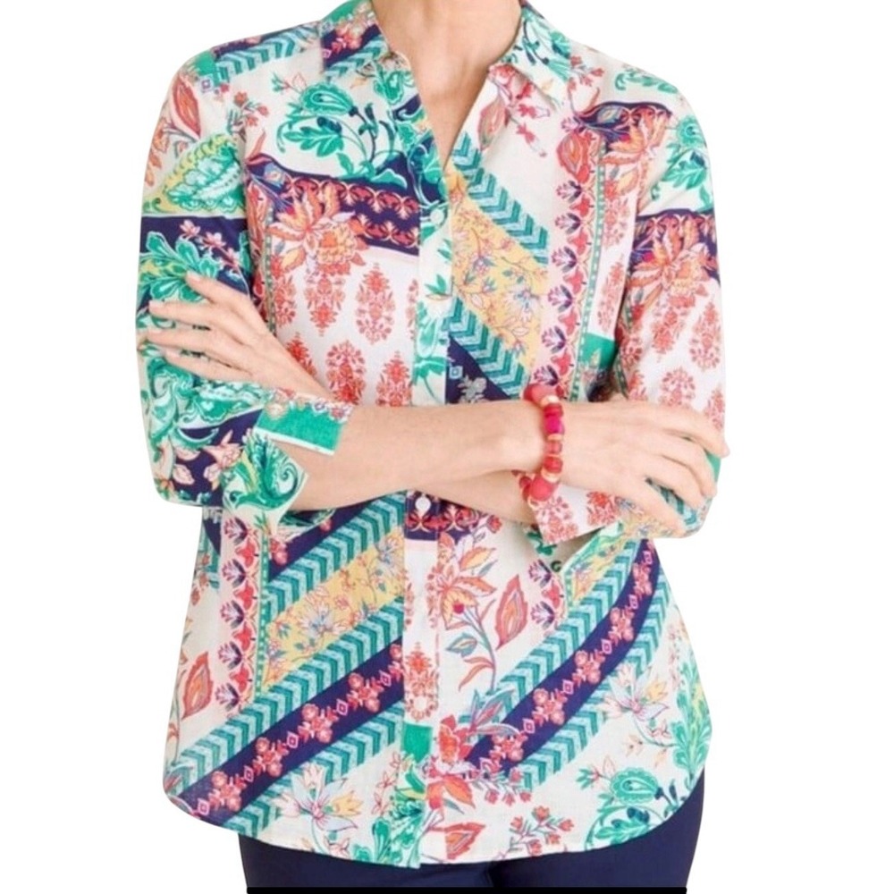 Chico's Size 2 US L 100% Linen No Iron Shirt Multicolor Mixed Print Button Up